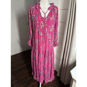 Free People Dress Womens XS Pink Floral Ruffle Long Sleeve Boho Metallic Maxi